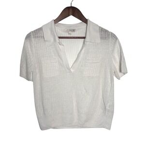 J.Crew White 100% Linen Ribbed Short Sleeve Polo Sweater CJ462 Womens Medium